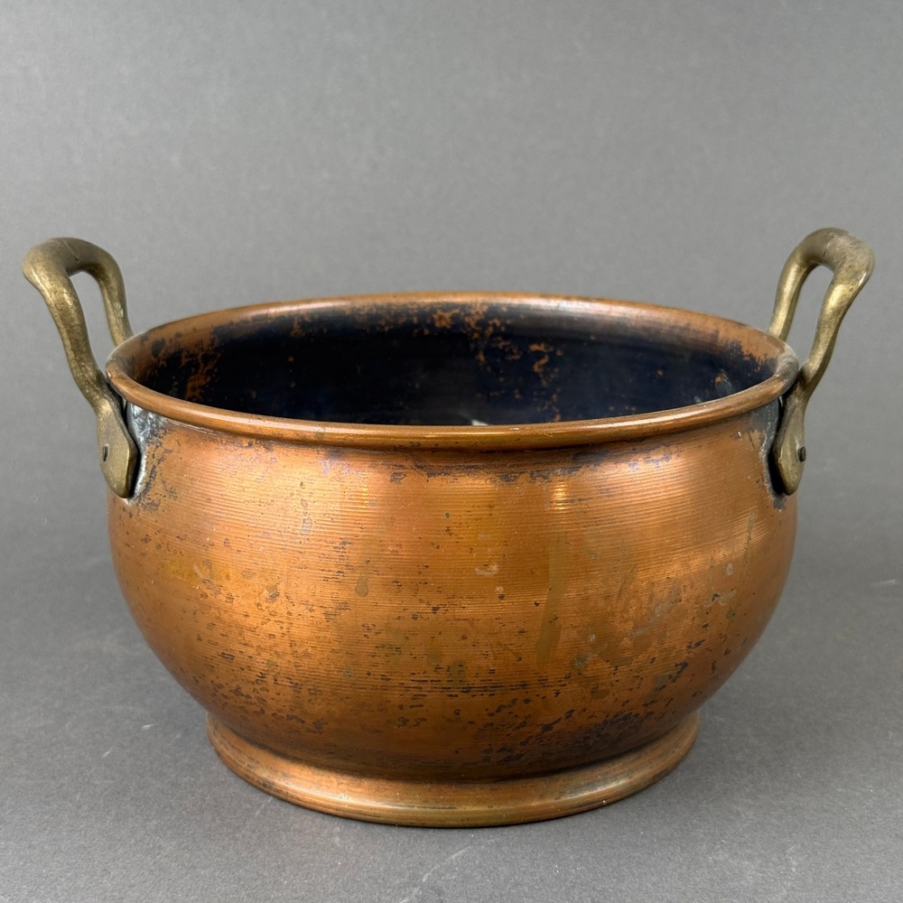 Copper Pot Cauldron Solid with Brass Handles 7" Vintage, farmhouse, planter